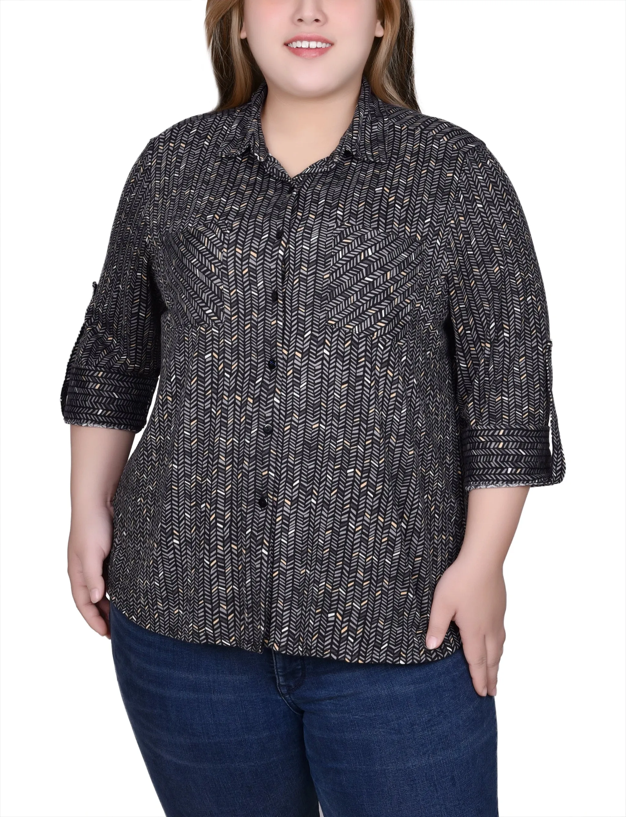 Plus Size Long Sleeve Button Front Tunic Top Sustainable Waterproofing Adjustable Collar System