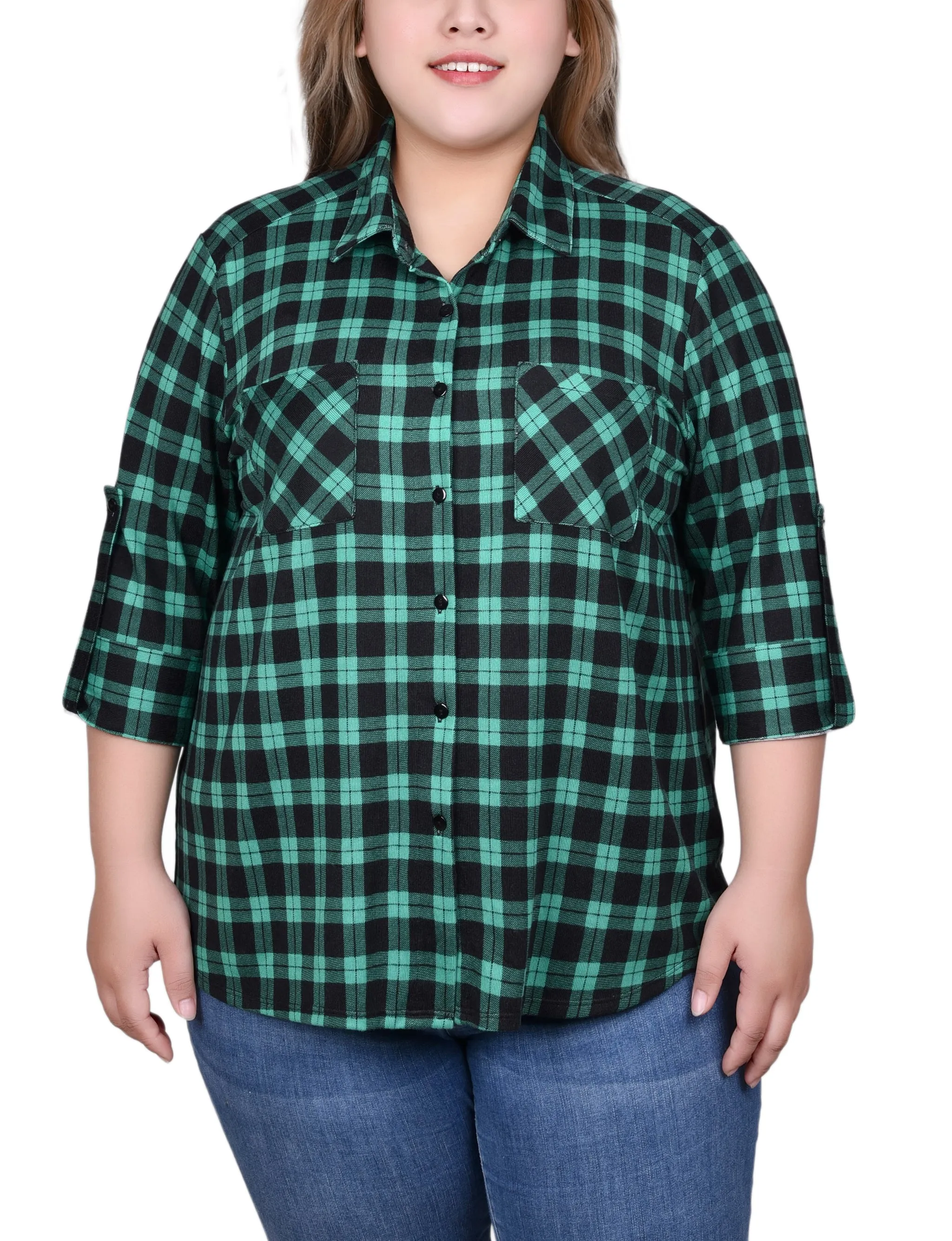 Comfortable Cut Plus Size Long Sleeve Button Front Tunic Top