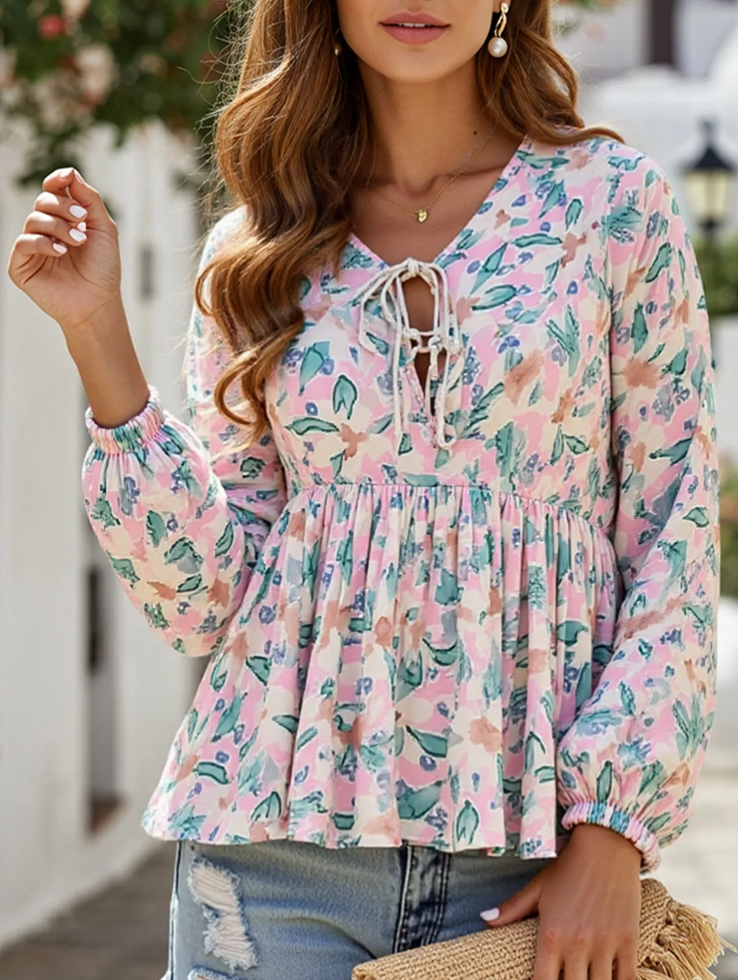 Ribbed Hemline Lace-Up Printed Loose Shirt ??Women's Casual Bohemian Blouse