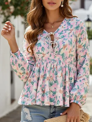 Ribbed Hemline Lace-Up Printed Loose Shirt ??Women's Casual Bohemian Blouse