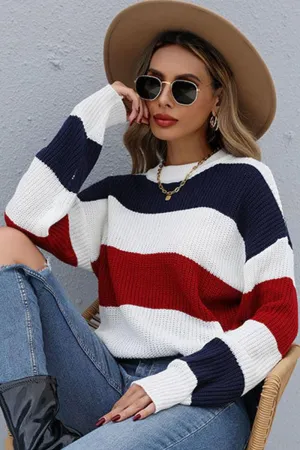 LONG SLEEVE BIG STRIPE ROUND NECK SWEATER Double Layered Hem Reinforcement All Day Comfort