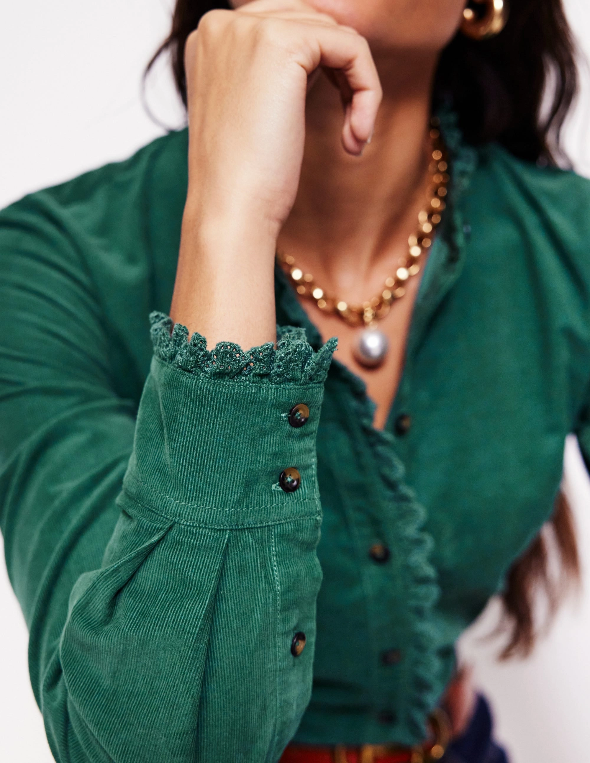 Phoebe Cord Shirt-Spruce Green Seamless Construction Design AntiStatic Weave