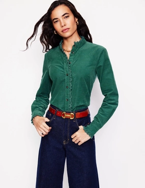 Phoebe Cord Shirt-Spruce Green RawHemDetail