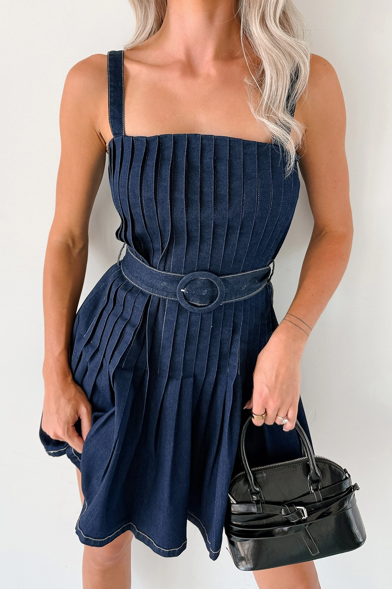Hustle In Heels Pleated Sleeveless Mini Dress (Denim) OdorControl Technology