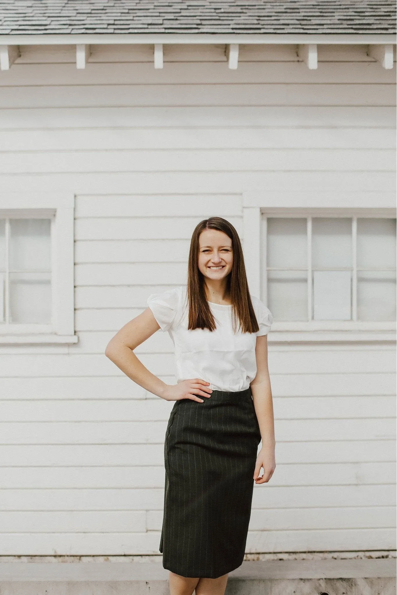 Poly/Wool Allison Skirt Charcoal Pinstripe Subtle Detail Clean Style
