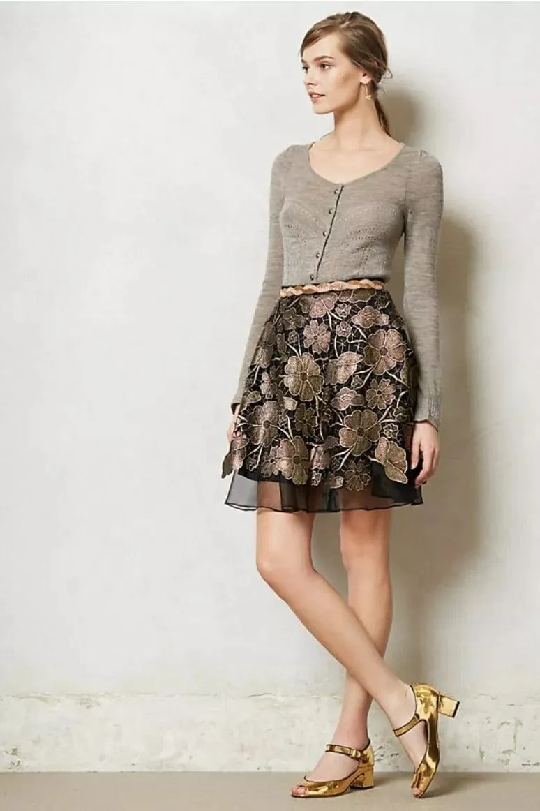 Golden Black Lace Mini Skirt Ventilated Panels Visual Outfit