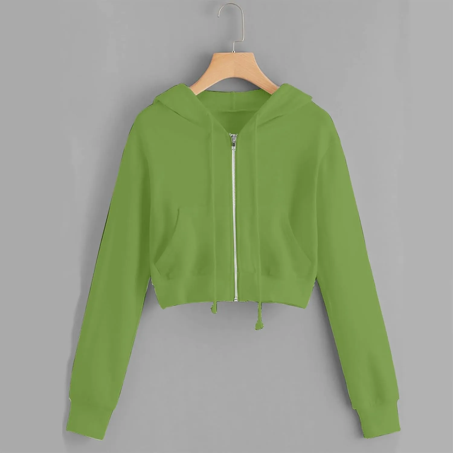 Akklian Women's Zip Cropped Sweatshirts Long Sleeve Drawstring Slim Fit Stylish Cute Teen Girl Hoodies Plus Size with Pockets