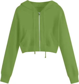 Akklian Women's Zip Cropped Sweatshirts Long Sleeve Drawstring Slim Fit Stylish Cute Teen Girl Hoodies Plus Size with Pockets