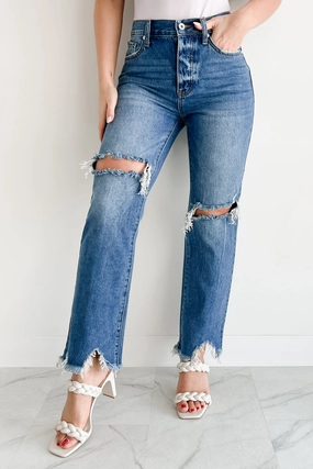 Alexandra Distressed Straight Leg Special A Jeans (Medium Dark) Machine washable