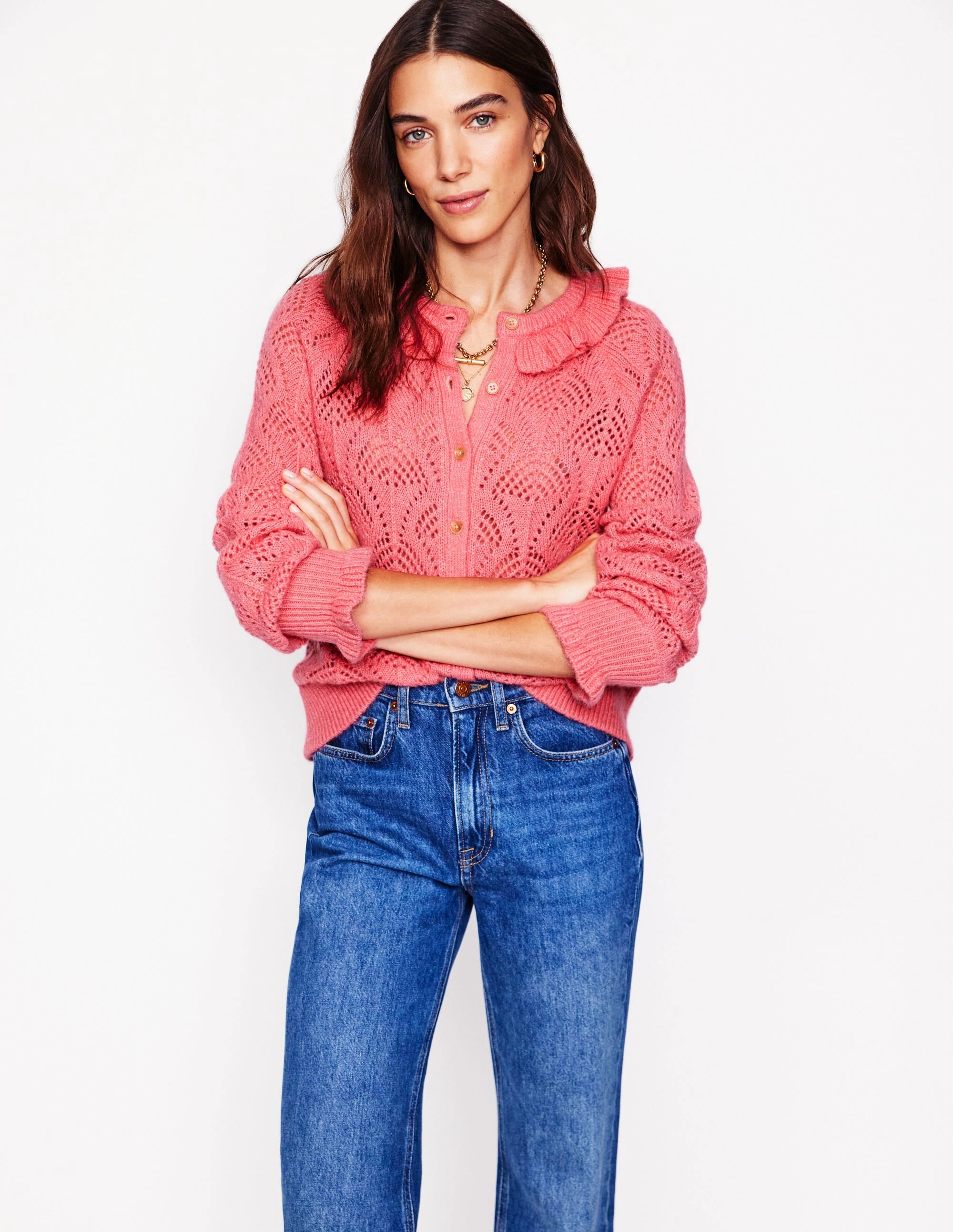Alice Fluffy Stitch Cardigan-Salmon Pink Soft Ribbed Texture