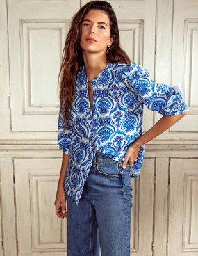 Yarn Dyed Pattern Cloth Snag Resistant Fabric Alicia Linen Top-Blue, Ornamental Floral