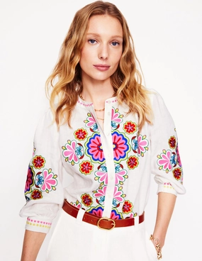 retro look Alicia Linen Top-White, Floral Embroidery