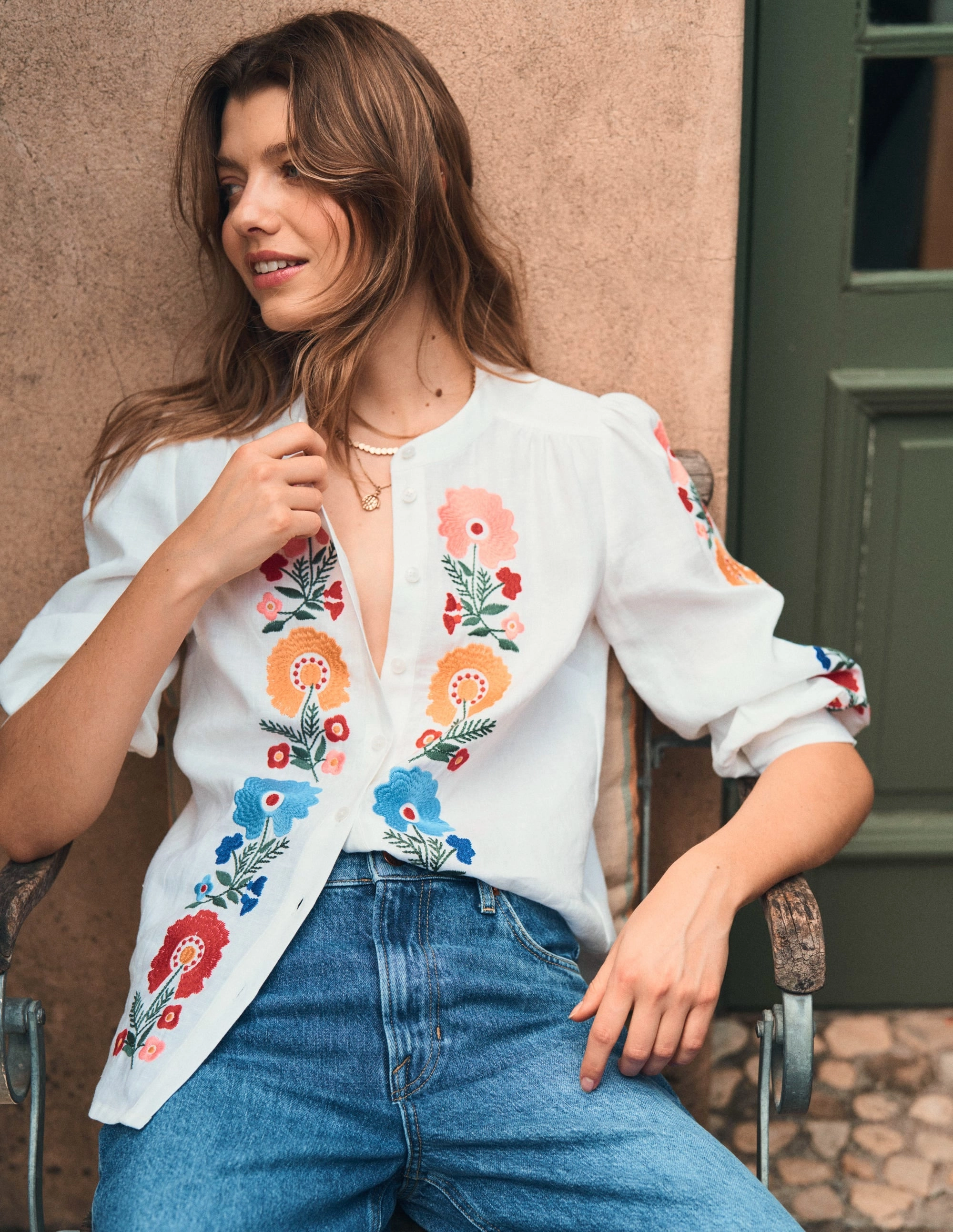Interlock Stitch Detail Relaxed Tank Alicia Linen Top-White, Floral Embroidery