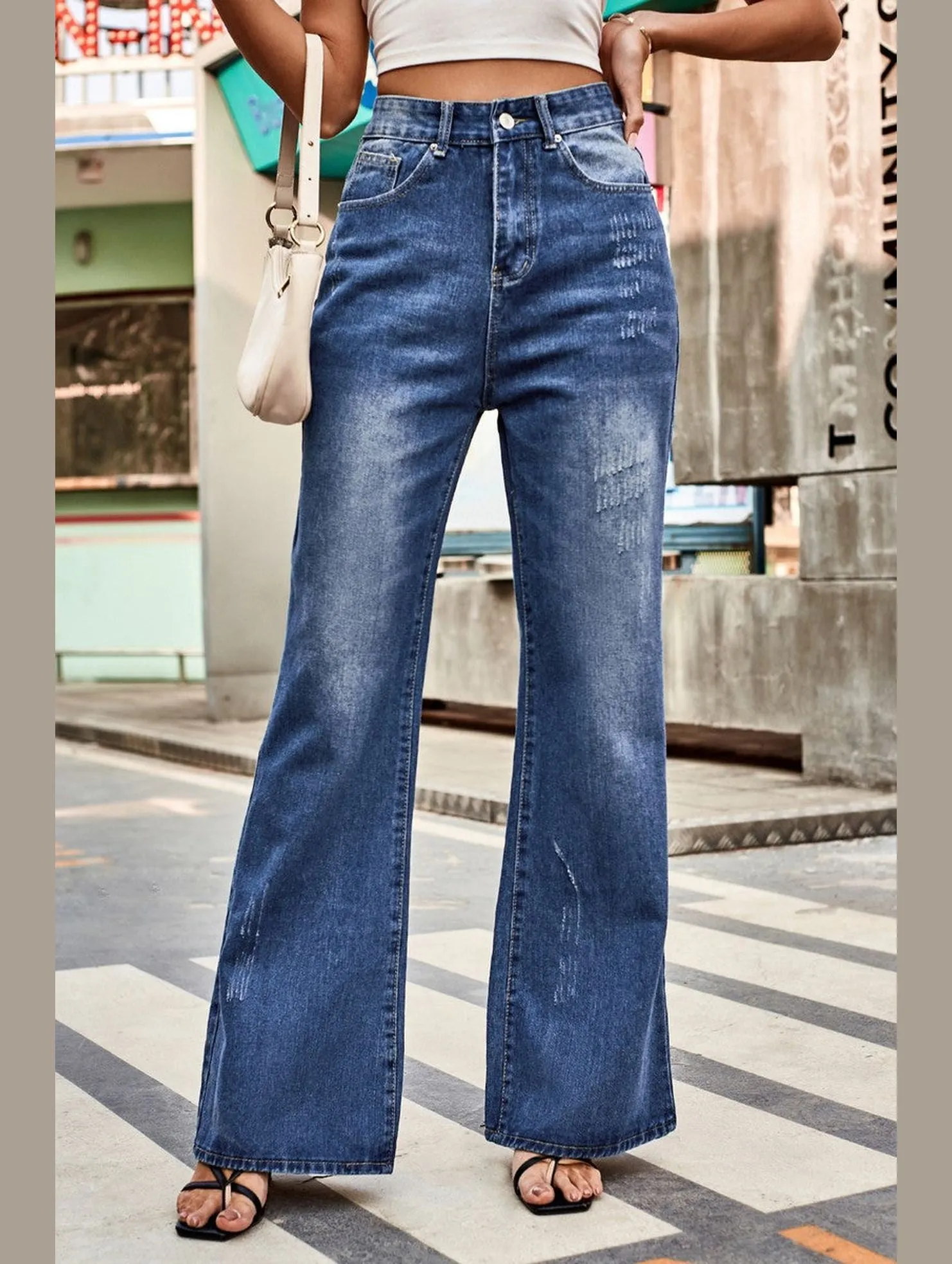 Performance Support WOMEN FLARE WASHED DENIM PANTS CASUAL JEANS