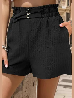 Feminine Cut OrganicCottonBlend BLACK CRINKLE HIGH WAISTED STRAIGHT LEG SHORTS_CWBSP0186