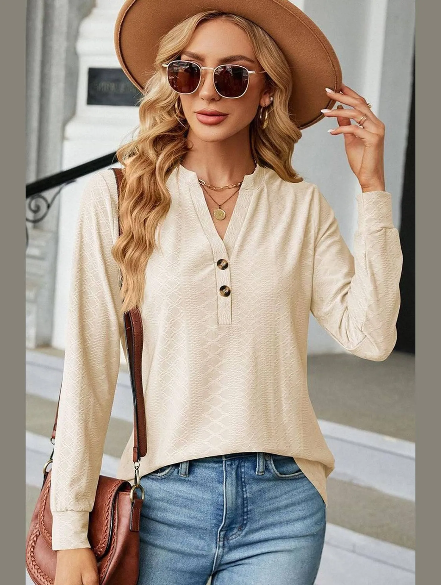 WOMEN V NECK BUTTON JACQUARD LOOSE FIT TOP Fleece Pullover MidweightKnit