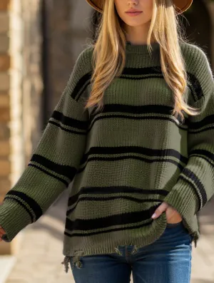 NonFade Dye Adaptive Waistband Autumn-winter round neck loose striped pullover