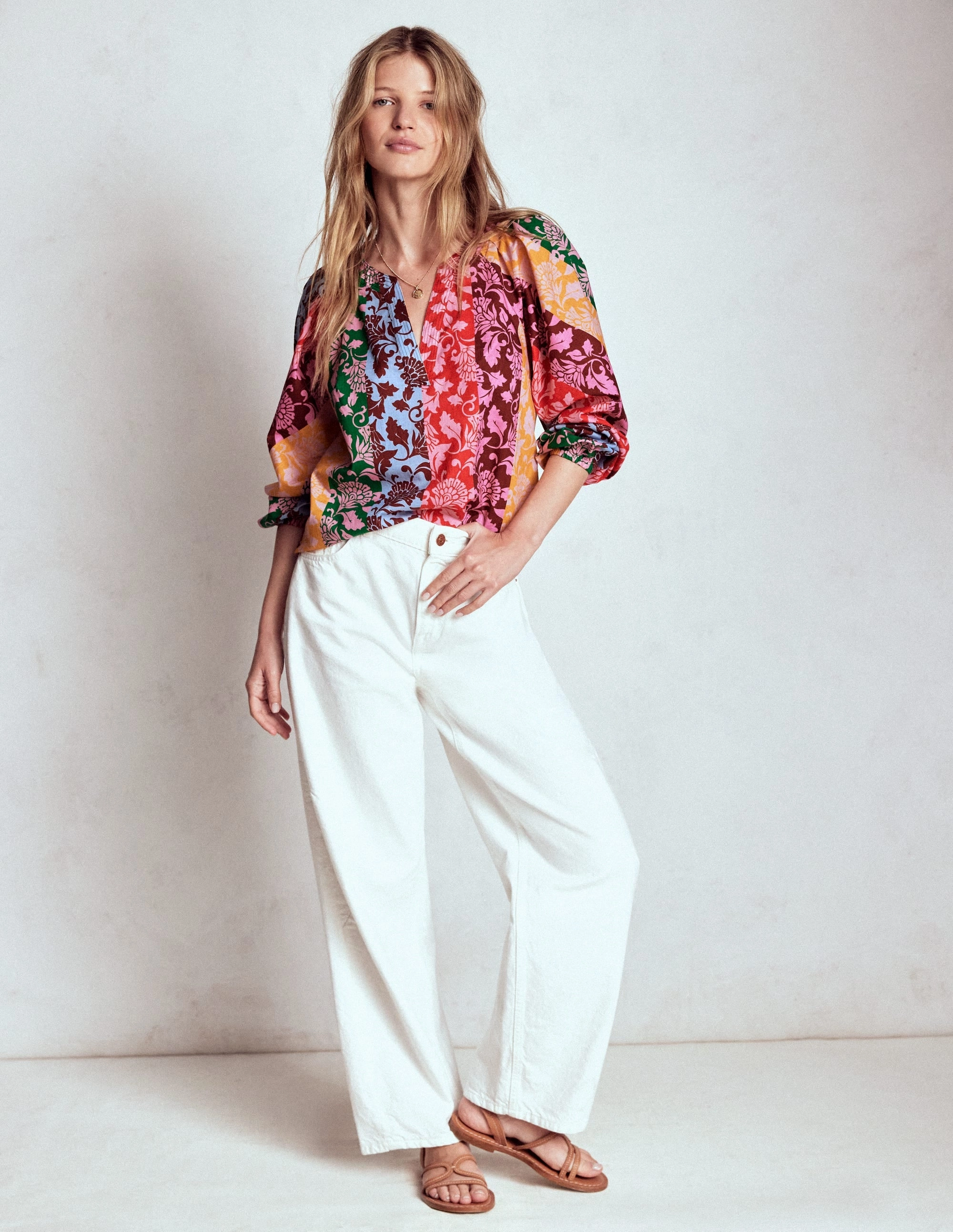 Long Sleeve Notch Top-Multi, Ornate Vine Cozy Fit