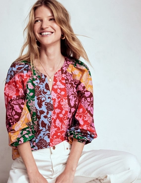 LightweightConstruction Long Sleeve Notch Top-Multi, Ornate Vine