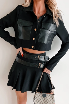 UV protection layer ElasticCuffs Different Type Of Girl Crop Jacket & Skirt Set (Black)