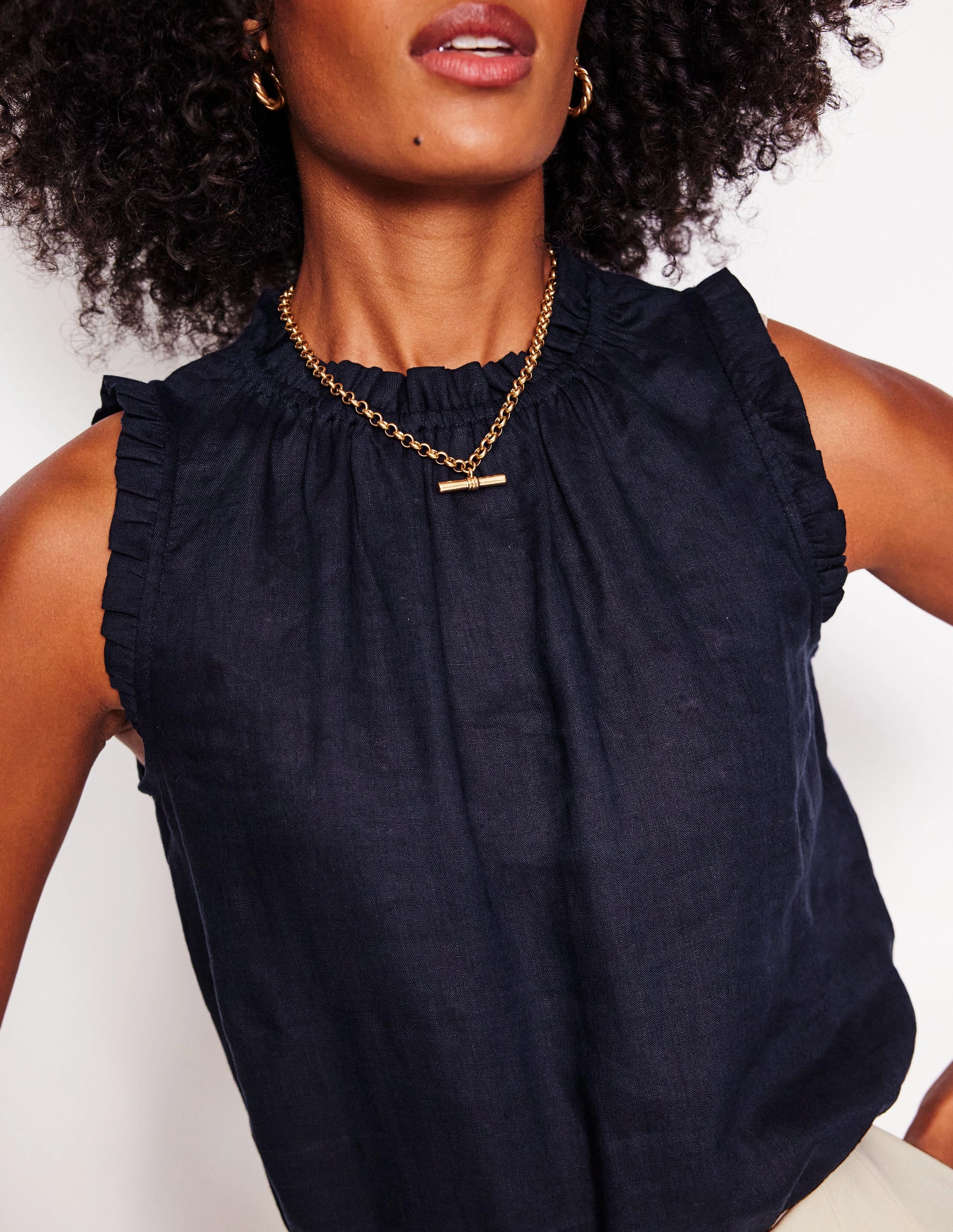 Reversible design YarnDyedFabric Sophie Ruffle Linen Top-Navy