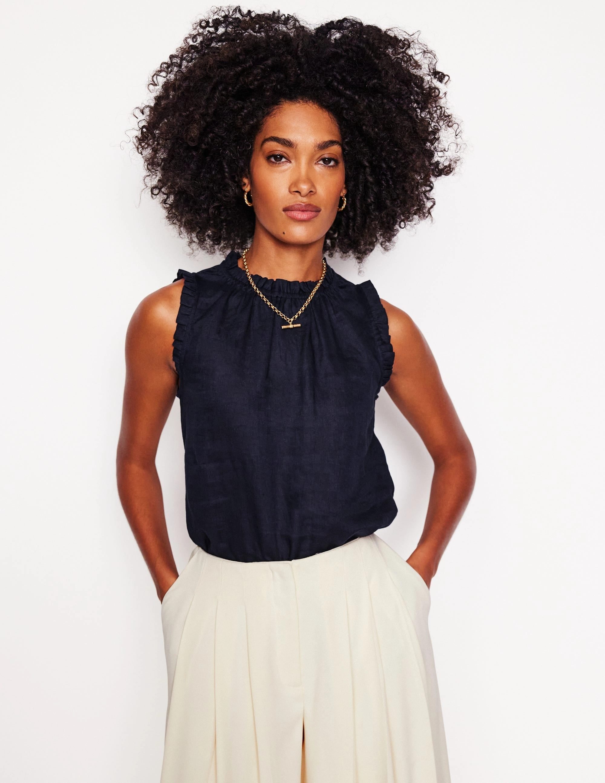 Sophie Ruffle Linen Top-Navy Soft Touch