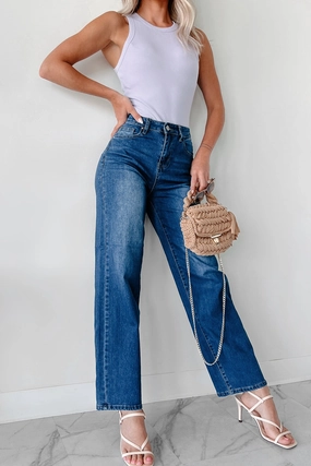 Enzo High Rise Non-Distressed Wide Leg Jeans (Medium-Dark) Roll-up style