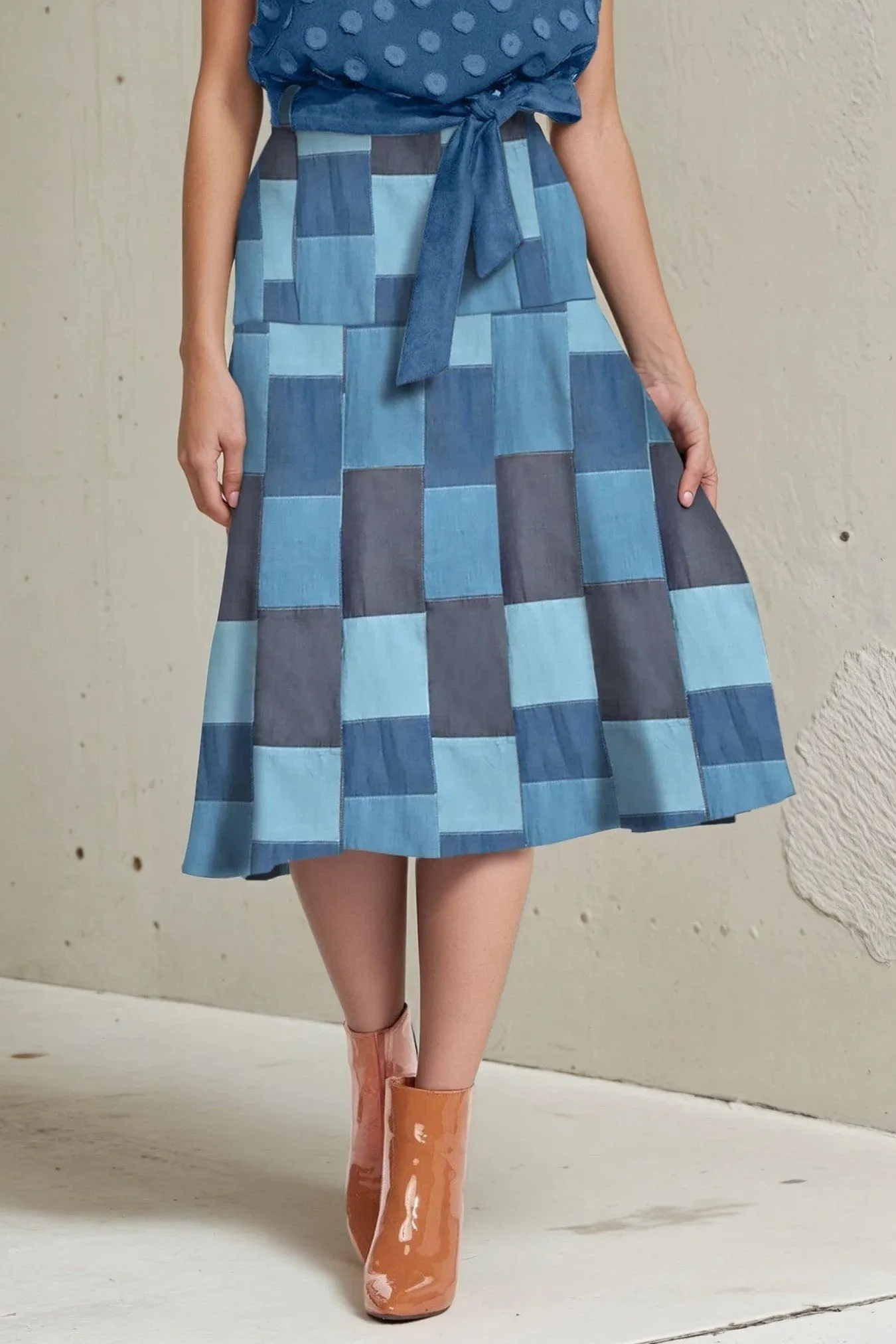 Quilted Texture Reimagined Classic Allas Skirt - Denim Patchwork
