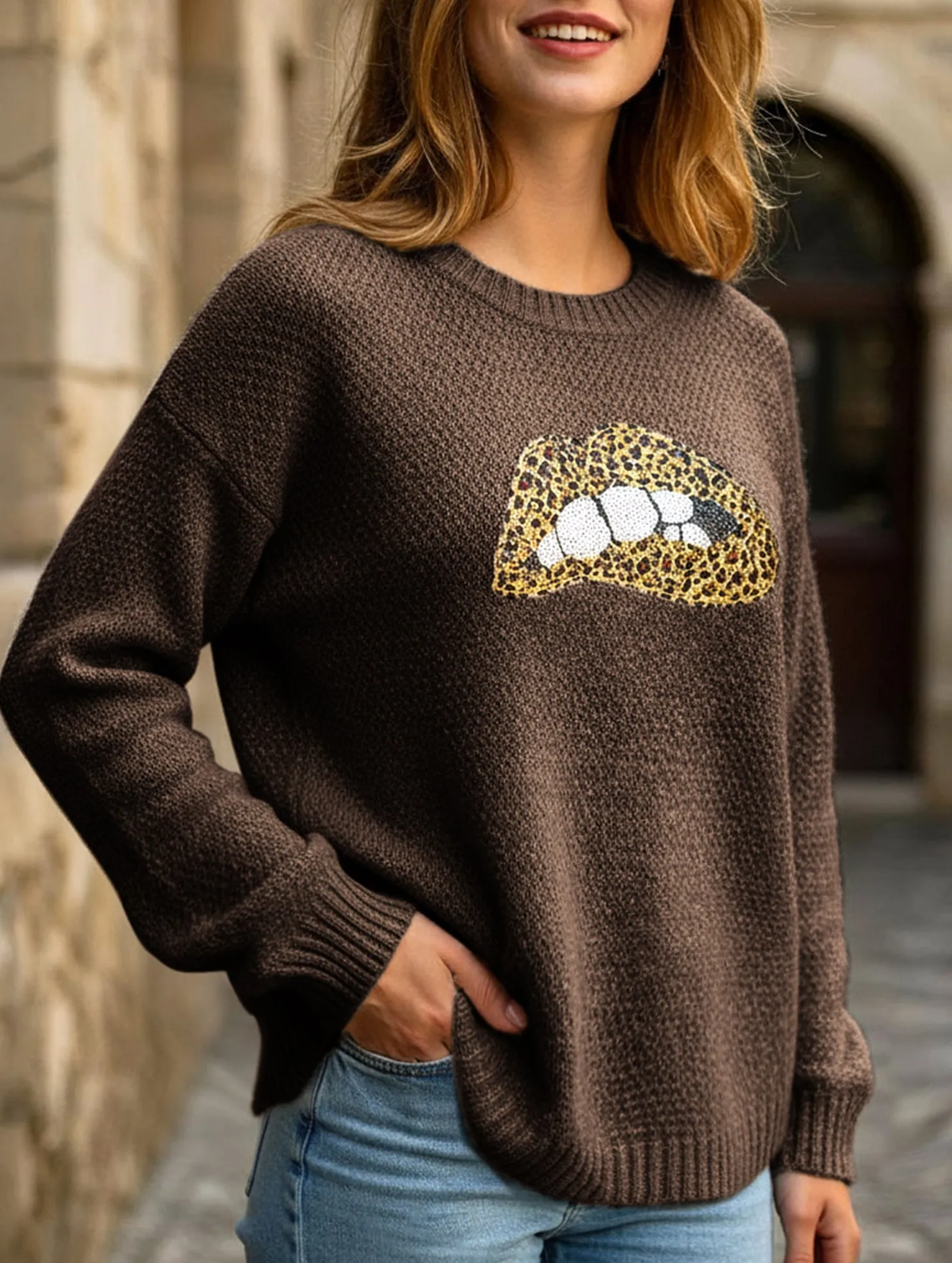 leopard embroidered sequined sweater All Purpose Casual Cut VNeckline