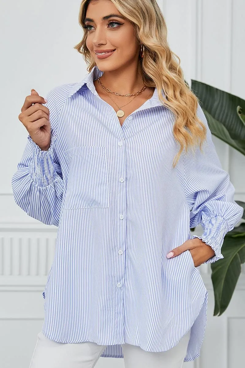 Light material CUFF DRAW PLEATED LOOSE STRIPE COLLAR SHIRTS