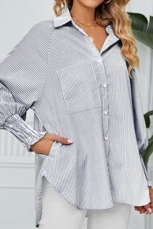 CUFF DRAW PLEATED LOOSE STRIPE COLLAR SHIRTS ComfortStretch