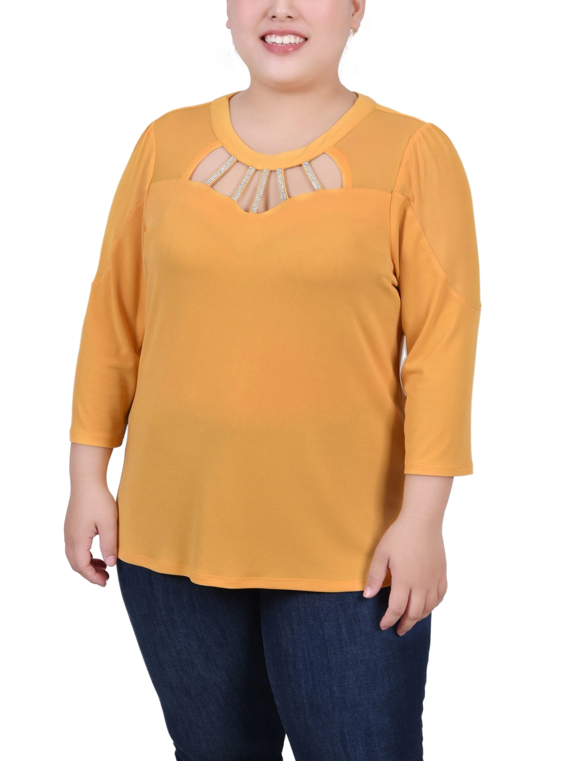 Casual dress Plus Size 3/4 Sleeve Top With Neckline Cutouts and Stones