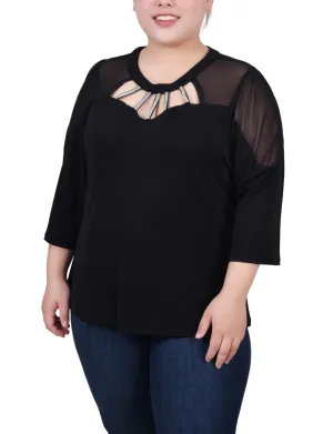 LightweightConstruction Plus Size 3/4 Sleeve Top With Neckline Cutouts and Stones
