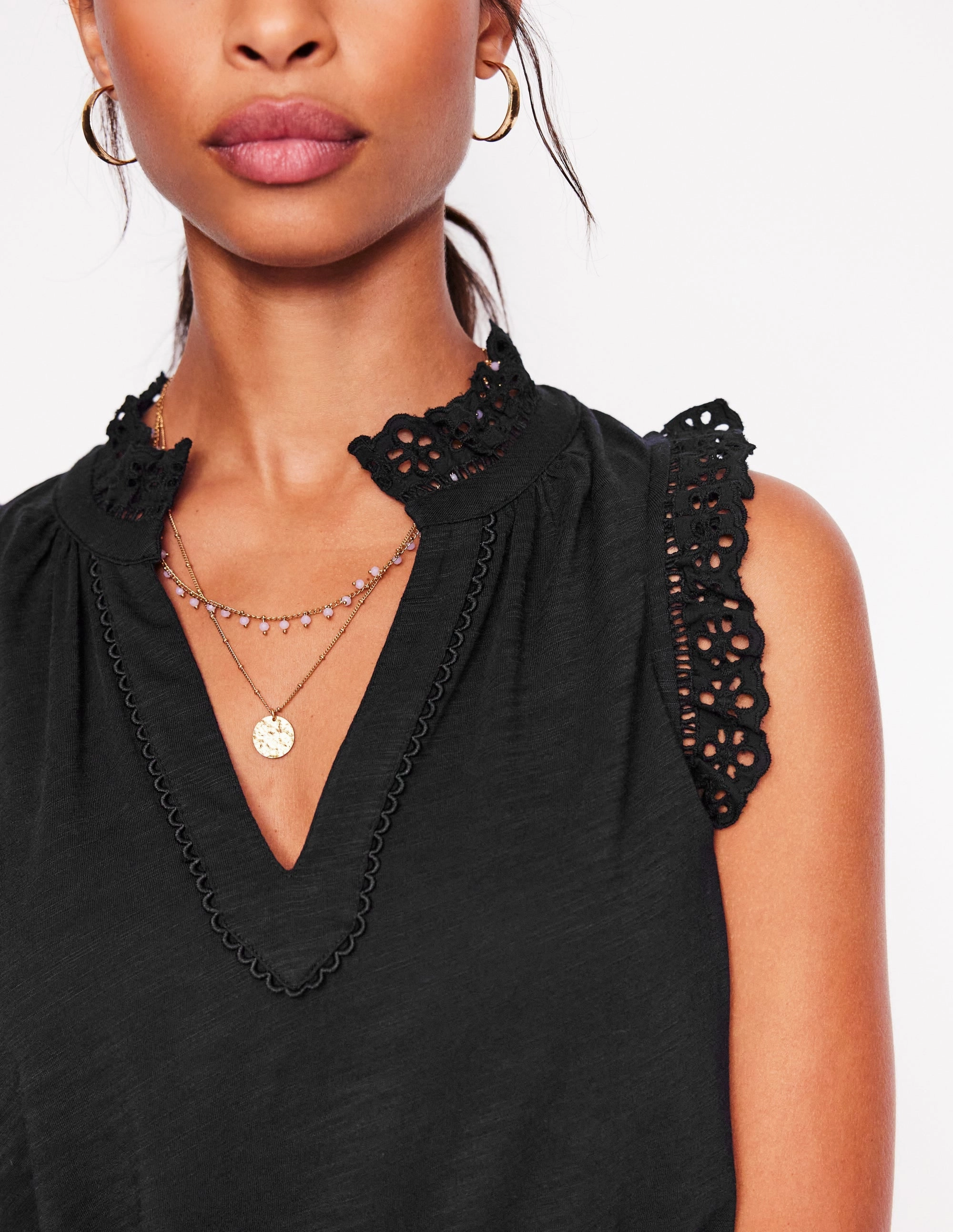 YarnDyedFabric Casual Tank Aria Broderie Trim Vest-Black