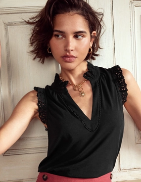 Durable Color Retention Aria Broderie Trim Vest-Black