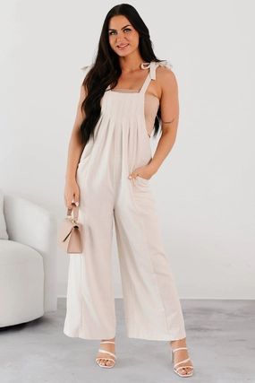 Smooth Line Elegant knee-length dress Alone At Last Tie Strap Linen Jumpsuit (Oatmeal)