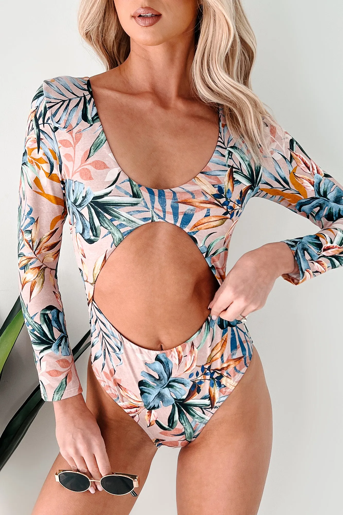 Already Sailing Away Cut-Out Long Sleeve Swimsuit (Pink Combo) Coastal Swim Dynamic Prints