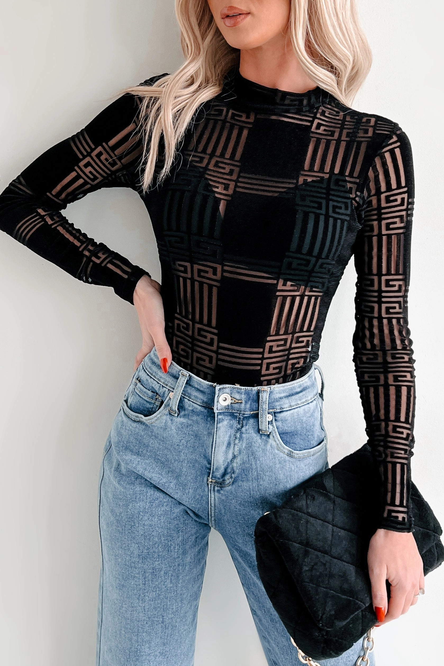 Amazed By You Geometric Mesh Bodysuit (Black) Stretch Wear Balanced Stretch
