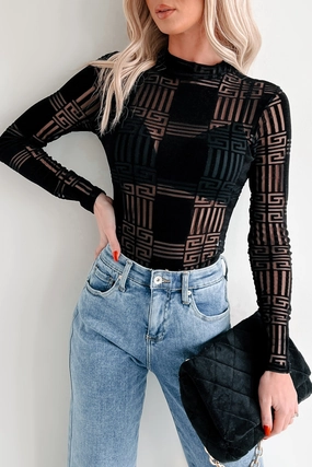 Amazed By You Geometric Mesh Bodysuit (Black) Stretch Wear Balanced Stretch