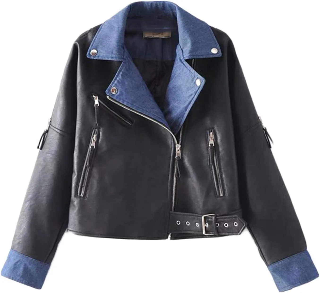 Andongnywell Womens Faux Leather Moto Biker Jacket Patchwork Denim Coat Zip up Bomber Jacket