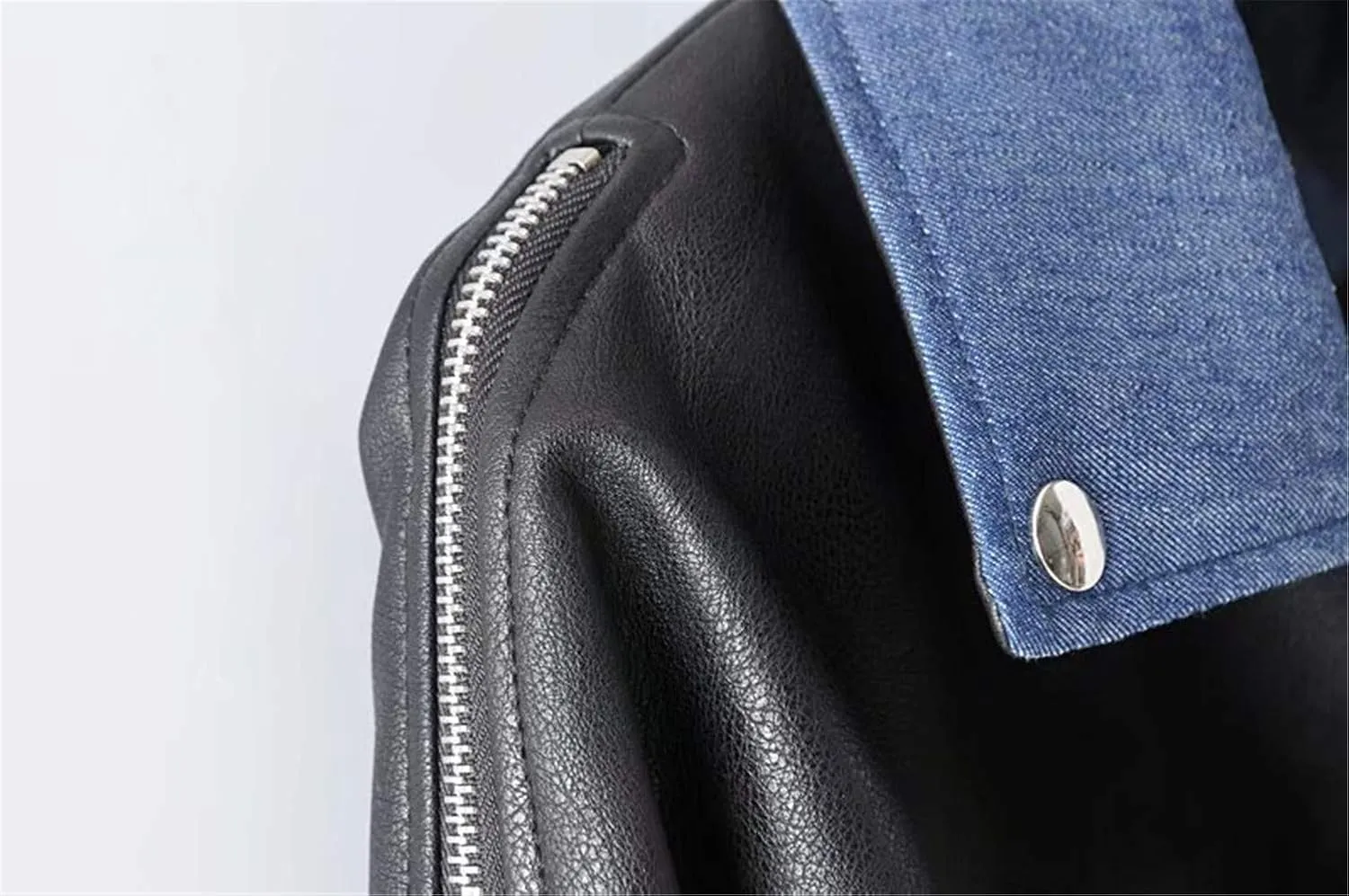 Andongnywell Womens Faux Leather Moto Biker Jacket Patchwork Denim Coat Zip up Bomber Jacket