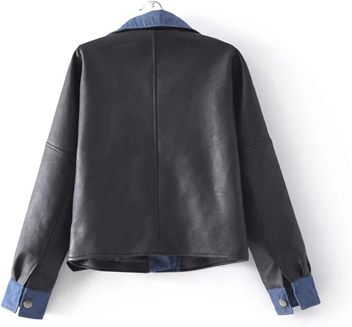 Andongnywell Womens Faux Leather Moto Biker Jacket Patchwork Denim Coat Zip up Bomber Jacket