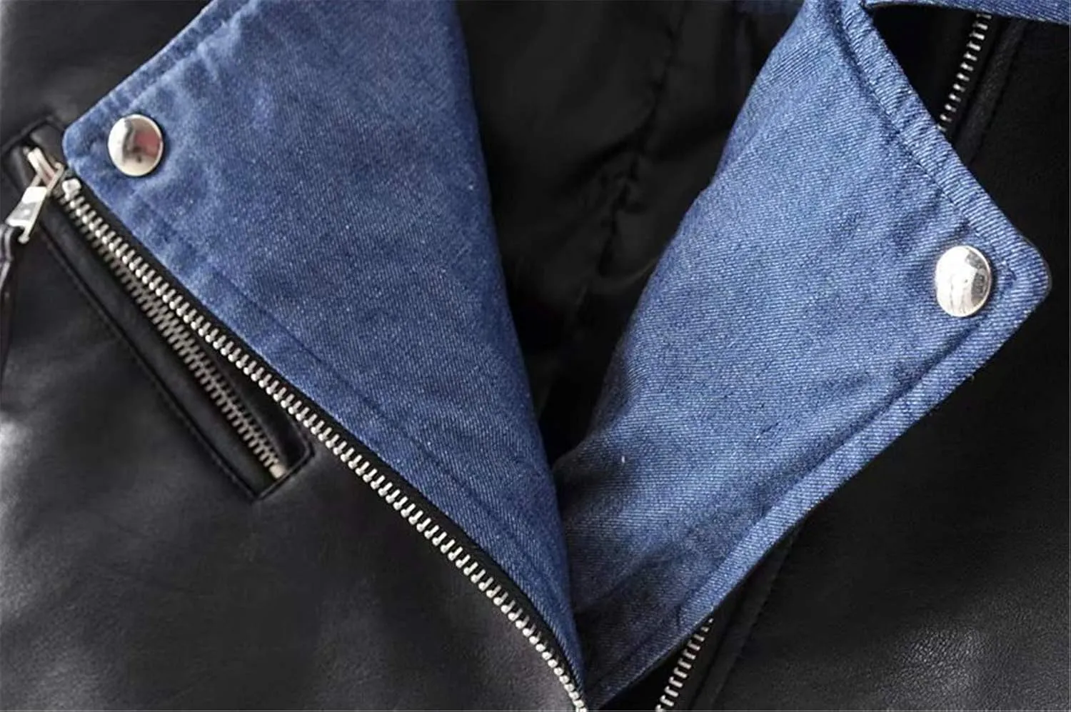Andongnywell Womens Faux Leather Moto Biker Jacket Patchwork Denim Coat Zip up Bomber Jacket