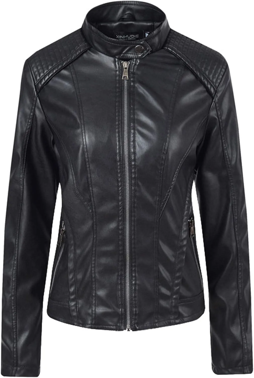 Andongnywell Women's Leather Moto Bomber Biker Jacket Faux Leather Short Jacket Coat Slim Zip Up Jacket