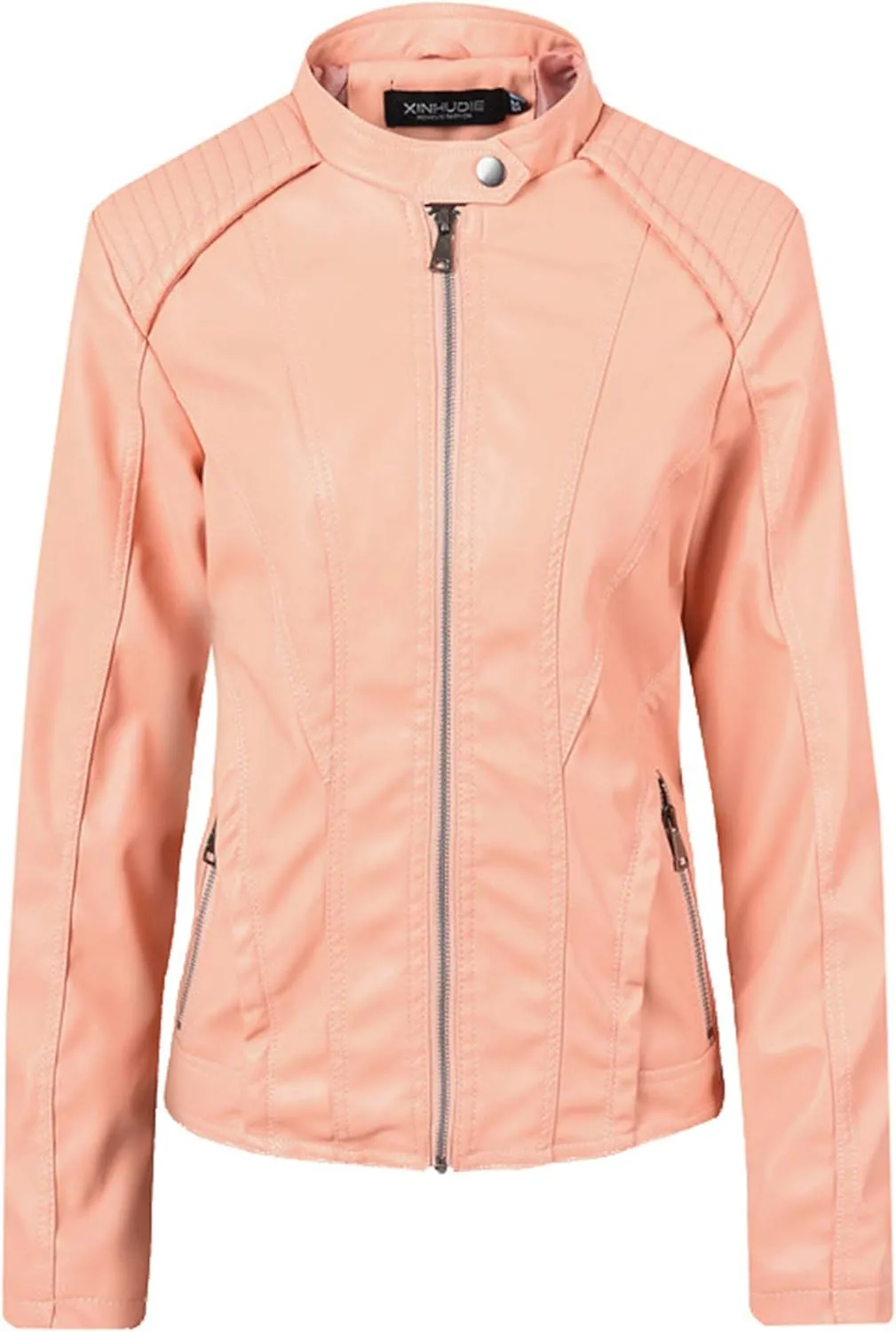Andongnywell Women's Leather Moto Bomber Biker Jacket Faux Leather Short Jacket Coat Slim Zip Up Jacket