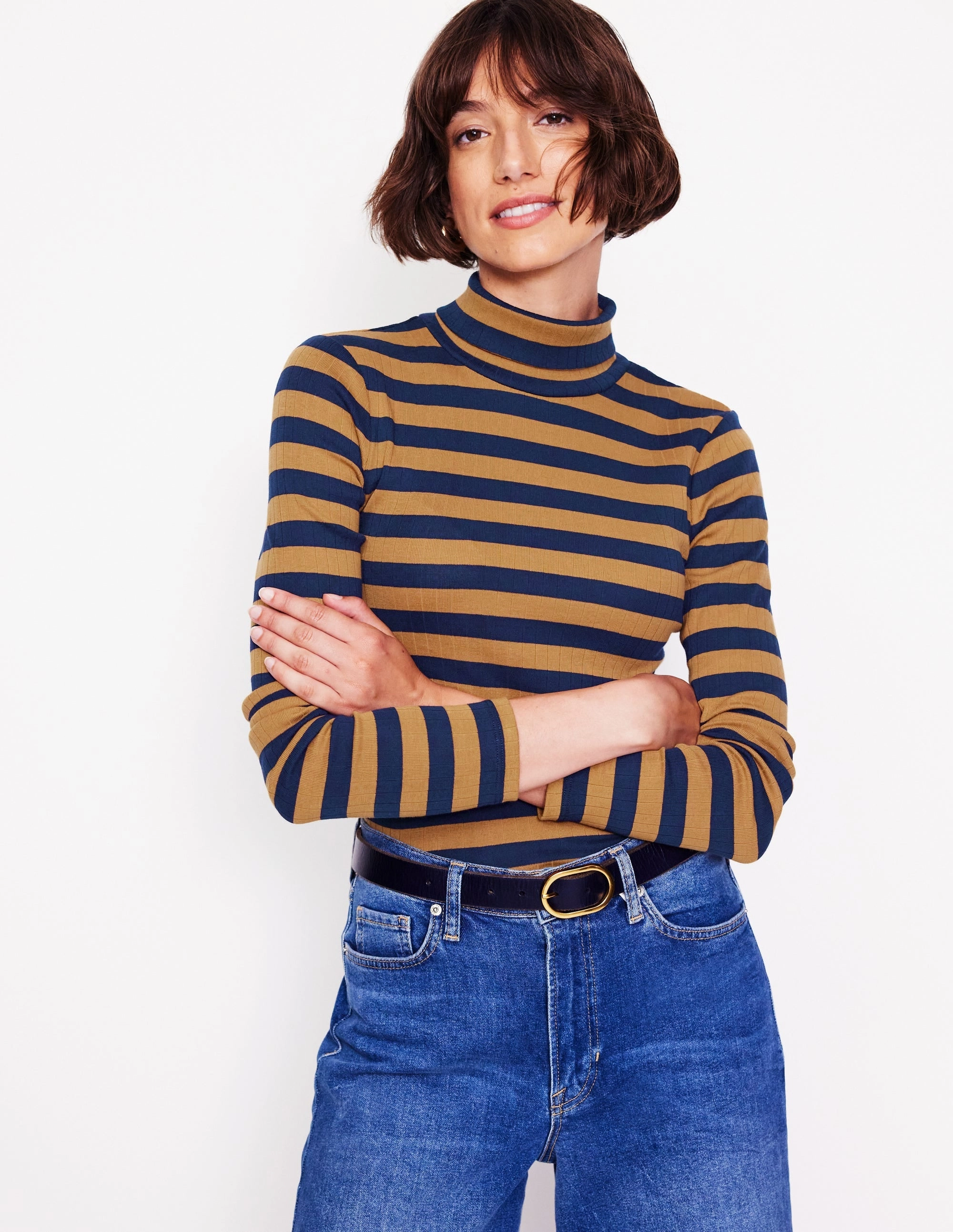Anna Rib Roll Neck Top-French Navy,Camel Stretch Fit Engineering