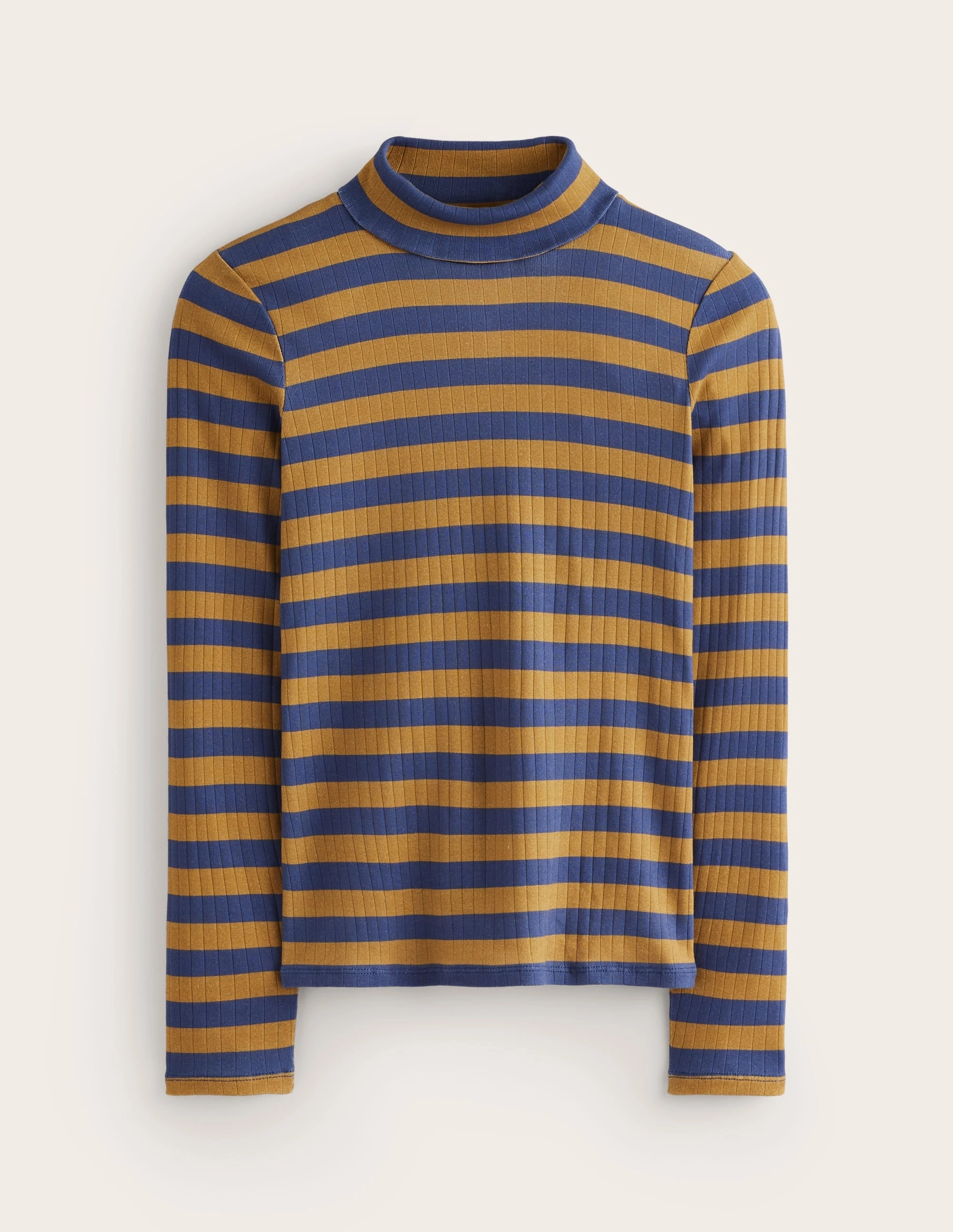 Professional Cut Anna Rib Roll Neck Top-French Navy,Camel
