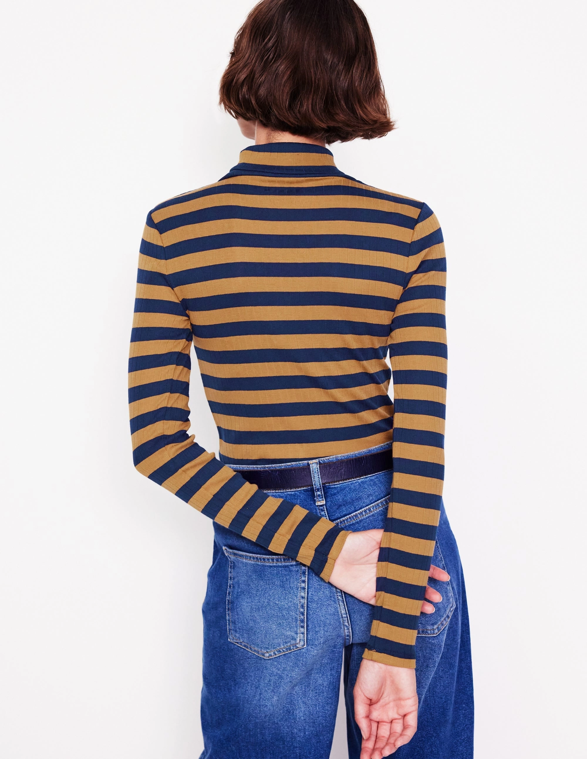 TearResistant Blends anti static coating Anna Rib Roll Neck Top-French Navy,Camel