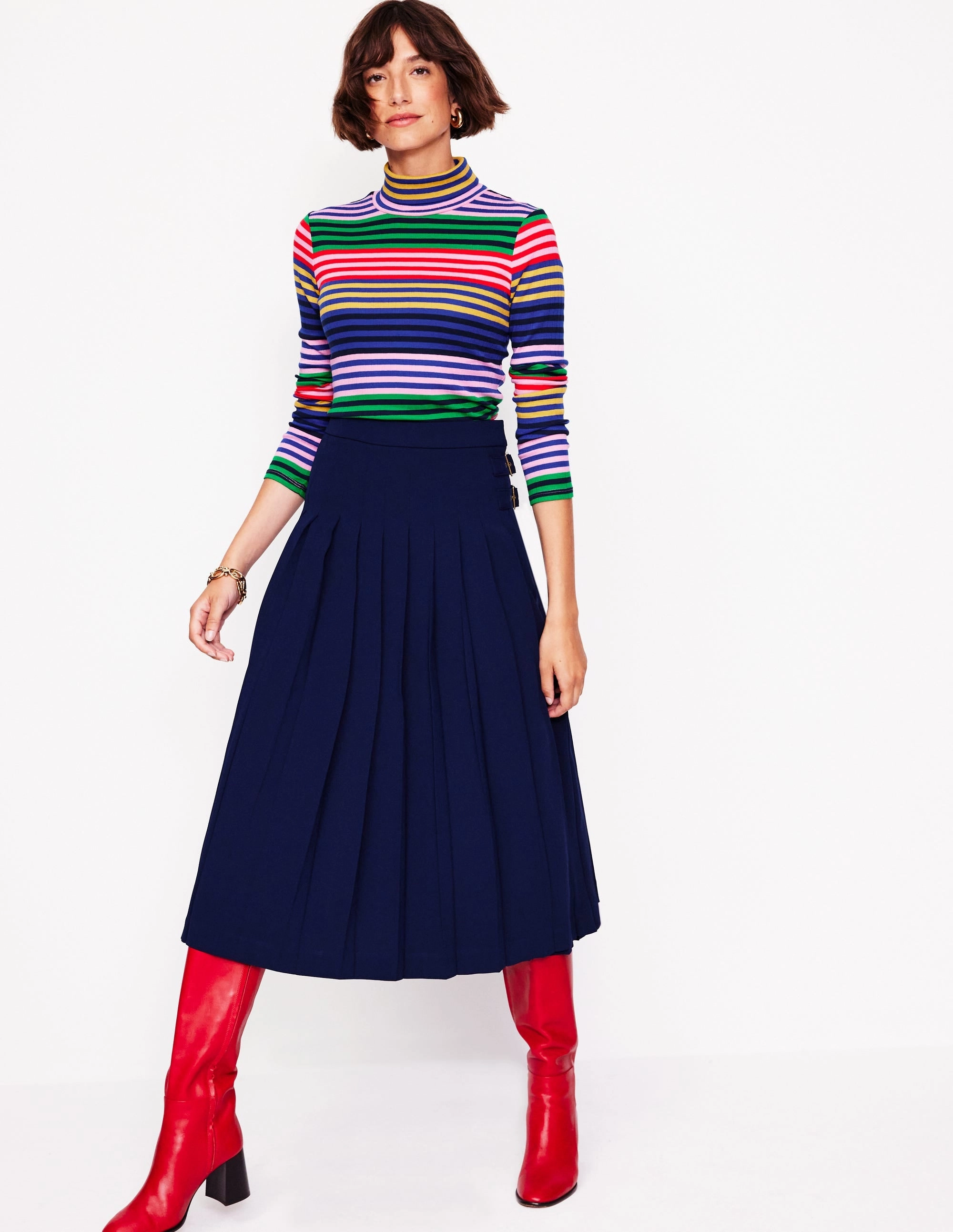 Stylish Tank Soft Blended Fabric Anna Rib Roll Neck Top-Multi, Rainbow Stripe