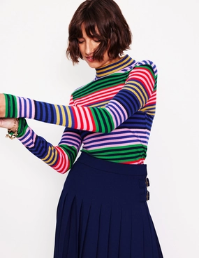 Soft Blended Fabric Anna Rib Roll Neck Top-Multi, Rainbow Stripe